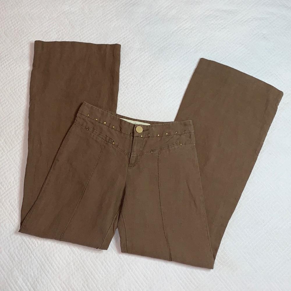 Anthro Daughters of the Liberation Linen Brown Wide Leg Trouser Pants, Size 0